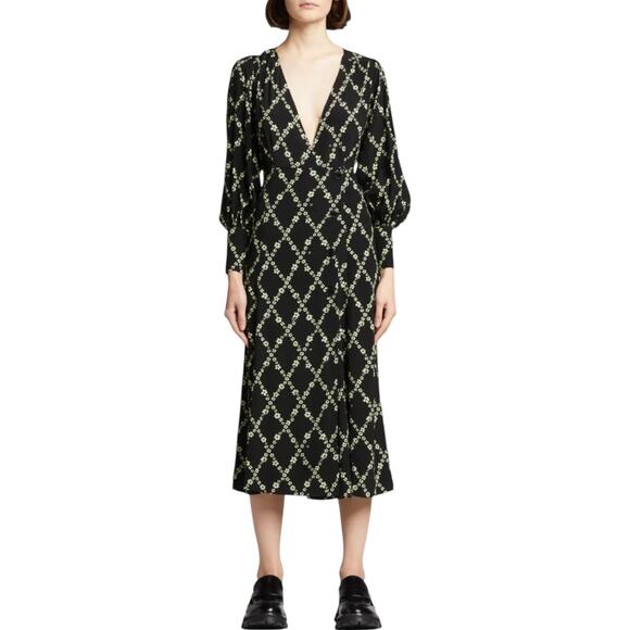 Ganni Long Sleeve Dress Plunging Neckline Black Floral Wrap Size 6 - Picture 10 of 10